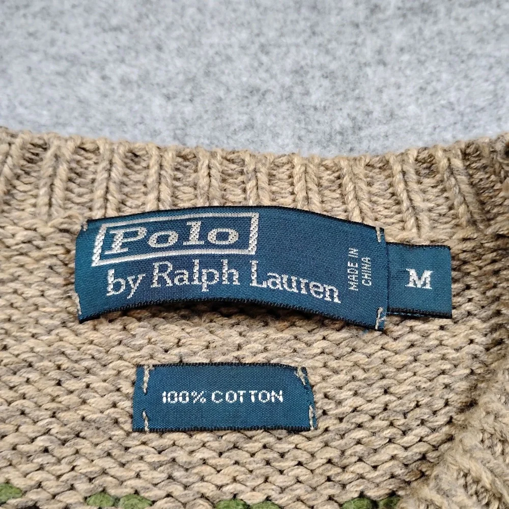 Vintage Polo Ralph Lauren Men Tan Cotton Fair Isle Snowflake Crew Neck Sweater M